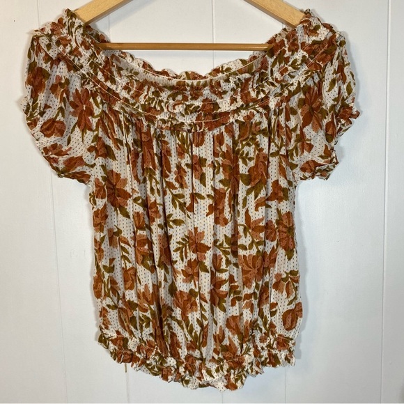 Free People One Suki Floral Off Shoulder Blouse Smocked Pleated Patterned Boho - Picture 3 of 9